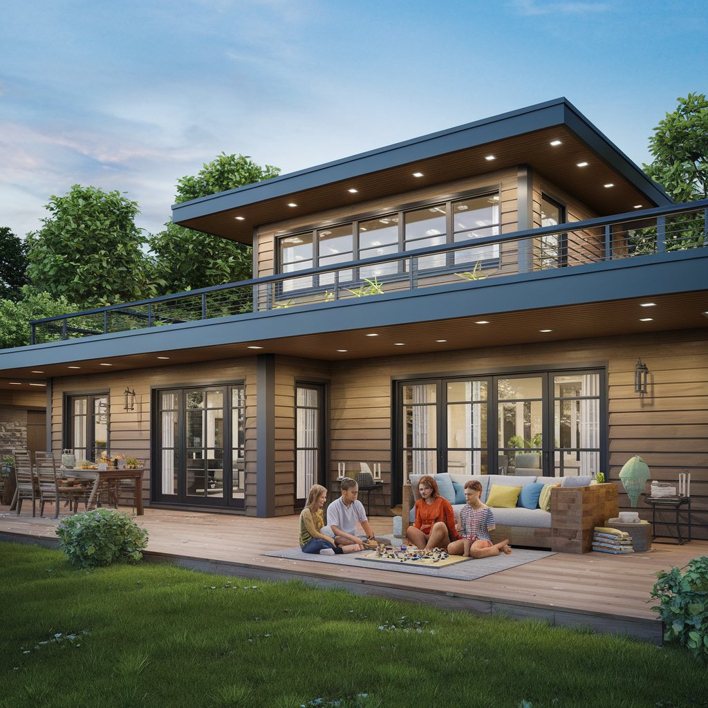 "A cozy, modern home in Ontario, Canada, with a family enjoying their living space, surrounded by lush greenery and a clear blue sky in the background. The image should convey a sense of security and comfort, highlighting the importance of home insurance in protecting both the home and the family's savings